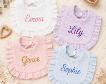 Personalized Baby Girl Bib with Ruffle Edge Custom Name Embroidered Drool Bib Infant Feeding Bib Baby Shower Gift Soft Cotton Style Bib