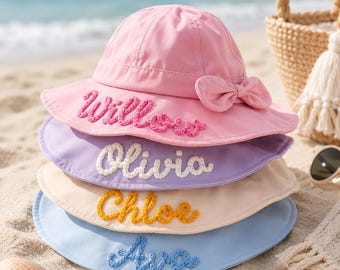 Personalized Kids Bucket Hat with Custom Name Embroidery, Toddler Sun Hat with Bow, Baby Girl Beach Cap, Summer Birthday Gift