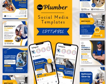 Plumbing Social Media Templates - Pipe Repair, Plumber Services (Canva Editable)
