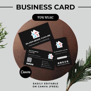 May include: Black business cards for HVAC services. The cards feature a house logo with red and blue accents, the business name, and contact information. The text "BUSINESS CARD" and "FOR HVAC" are also visible.