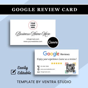May include: White Google review card template with the text "Google Reviews" and "Enjoy your experience Leave us a review!" Includes a QR code, contact information, and a place for a logo. The card is easily editable.
