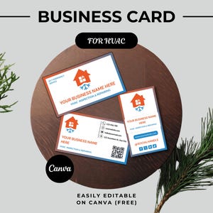 May include: Business card design for HVAC services. The cards feature a house logo with a snowflake, and the text "YOUR BUSINESS NAME HERE" and "HVAC INSPECTION & REPAIRING". The design is easily editable on Canva.