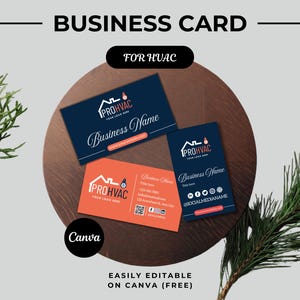 May include: Business card design for HVAC services. The design features three cards in navy blue and orange, with the text "PROHVAC" and contact information. The cards are displayed on a wooden surface with greenery.