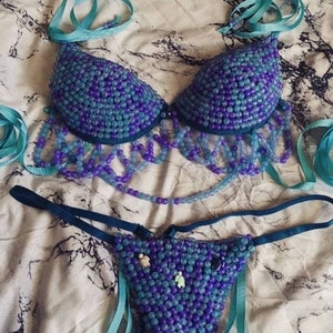 Hand-Beaded Blue Turtle Bikini Set