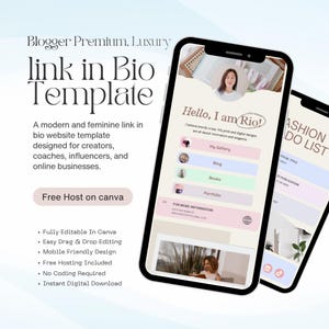 以下が含まれることがあります： 2つのスマートフォンに、モダンでフェミニンなリンクインバイオのウェブサイトテンプレートが表示されています。このテンプレートは、クリエイター、コーチ、インフルエンサー、オンラインビジネス向けに設計されています。画面には「Hello, I am Rio!」と「Fashion Do List」と表示されています。