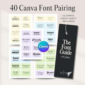 May include: An e-resource titled "40 Canva Font Pairing" with a cheat sheet and a font guide. The guide is black with white text and lists 180 fonts. The pairing chart features various font styles.