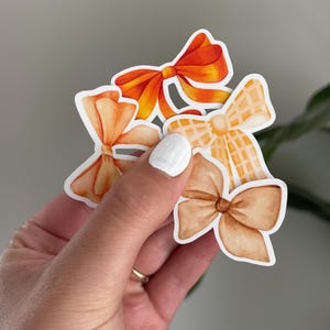 May include: A selection of bow stickers in shades of orange, tan, and brown. The bows have a white border and are held in a hand. The bows have different patterns and textures.