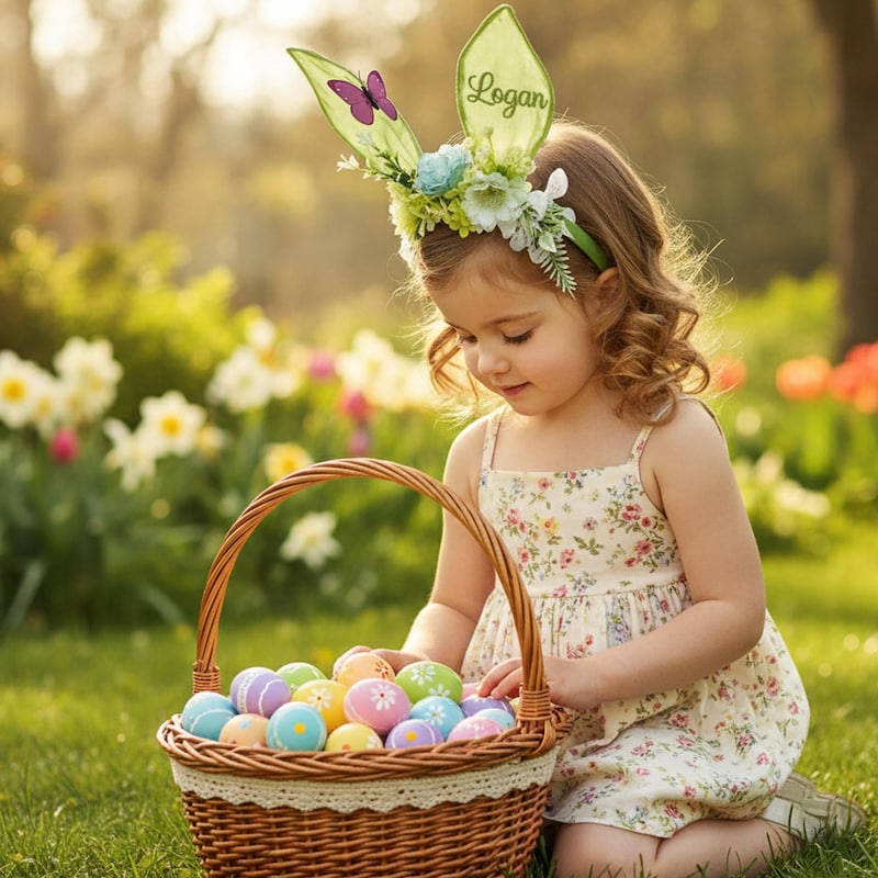 Custom Embroidered Bunny Ears Headband Butterfly Detail Single Ear Name Easter Basket Stuffer for Toddlers Whimsical Hair Accessory Green