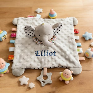Manta de seguridad personalizada para bebé, nombre personalizado, bordado, cinta de lunares, etiqueta, regalo para recién nacido, suave animal, conejo, elefante, dinosaurio, juguete