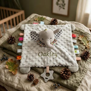 Custom Embroidered Baby Lovey Personalized Security Blanket Minky Dot Sensory Toy Newborn Gift Animal Rabbit Elephant Dinosaur Unicorn
