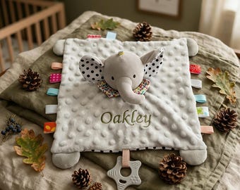 Custom Embroidered Baby Lovey Personalized Security Blanket Minky Dot Sensory Toy Newborn Gift Animal Rabbit Elephant Dinosaur Unicorn