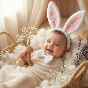 May include: A smiling baby wearing a white bunny ear headband with the name "Sofia" embroidered on the pink inner ears. The baby is in a woven basket with a wooden bunny toy and a white bow tie.