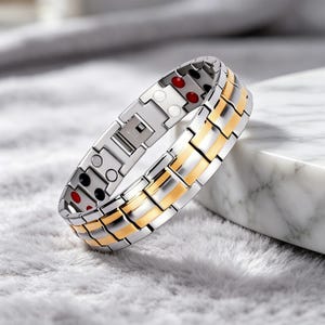 May include: A link bracelet featuring a two-tone design with alternating silver-colored and gold-colored rectangular segments. The interior of the bracelet displays small circular accents in red, black, and white, along with a metallic clasp mechanism.