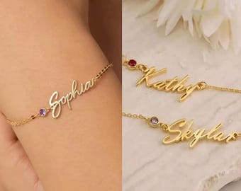 Lemegeton Personalized Birthstone Bracelet Custom Dainty Name Pendant Stainless Steel Jewelry for Women Girls Mom Birthday Gifts