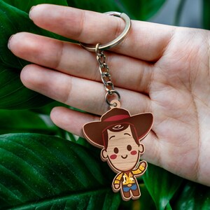 Puede incluir: Un llavero de madera con un personaje de dibujos animados que lleva un sombrero de vaquero marr&oacute;n, una camisa amarilla estampada y pantalones azules. El personaje tiene una expresi&oacute;n sonriente con mejillas sonrosadas y una cadena de metal plateado.
