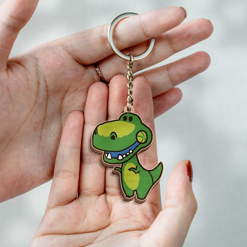 Toy Story Rex Dinosaur Wooden Keychain, Cute Green T-Rex Toy Keyring, Adorable 90s Nostalgic Backpack Charm, Animated Movie Fan Bag Tag image 1