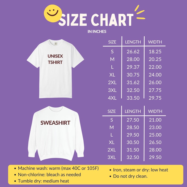 Pode incluir: Tabela de tamanhos de camisetas e moletons unissex brancos, em polegadas. A tabela inclui medidas de comprimento e largura, variando do tamanho pequeno ao 4XL para a camiseta e do pequeno ao 3XL para o moletom. Instru&ccedil;&otilde;es de lavagem tamb&eacute;m est&atilde;o inclu&iacute;das.