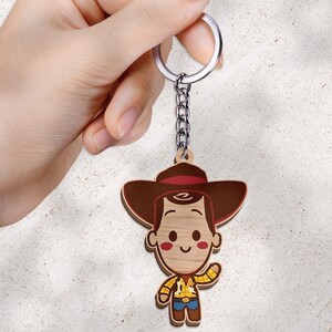 Llavero de madera de Woody el vaquero de Toy Story, llavero de juguete de película animada adorable, dije nostálgico de los 90 para mochila, etiqueta para bolso de fanático del cine retro imagen 4