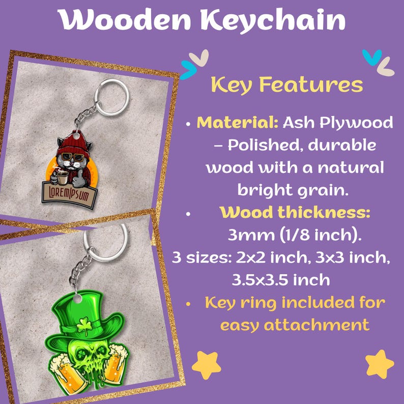 May include: Two ash plywood keychains with metal rings. One features a cat in a red beanie holding a coffee cup with the text Lorem Ipsum. The other shows a green skull wearing a leprechaun hat with two beer mugs. Thickness is 1/8 inch.