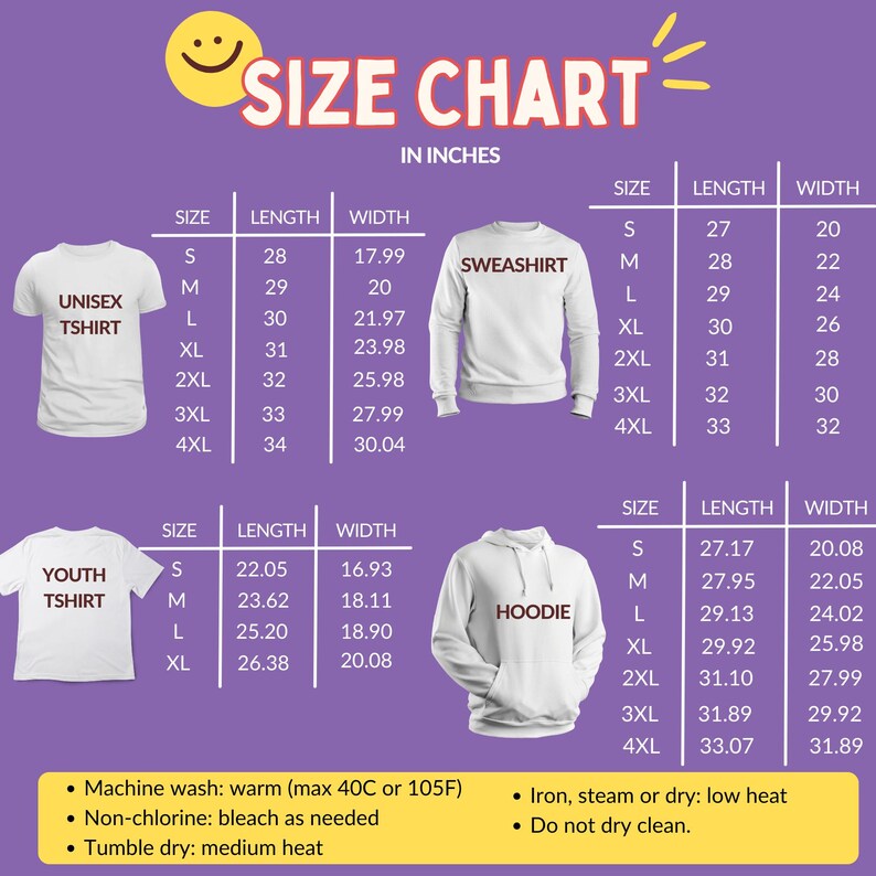 Pode incluir: Tabela de tamanhos em polegadas para camisetas unissex, moletons, camisetas juvenis e moletons com capuz. A tabela inclui medidas de comprimento e largura, do tamanho S ao 4XL. Instru&ccedil;&otilde;es de cuidados tamb&eacute;m est&atilde;o inclu&iacute;das.