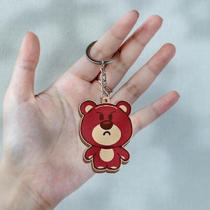 Toy Story Lotso Bear Wooden Keychain, Cute Strawberry Bear Keyring, Adorable Grumpy Pink Bear Backpack Charm, 90s Animated Movie Toy Gift image 3