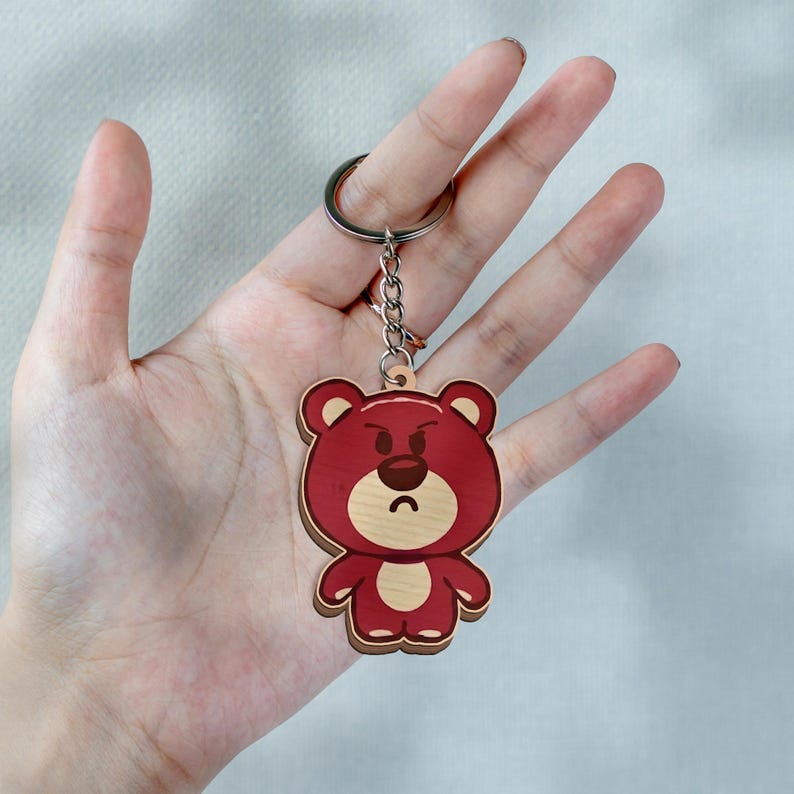 Toy Story Lotso Bear Wooden Keychain, Cute Strawberry Bear Keyring, Adorable Grumpy Pink Bear Backpack Charm, 90s Animated Movie Toy Gift image 3