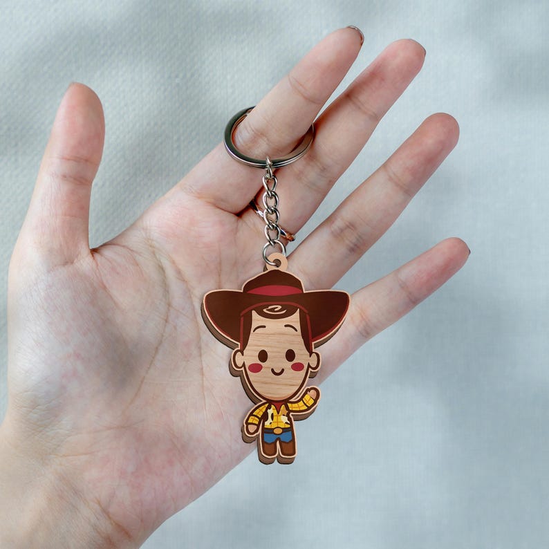 Puede incluir: Un llavero de madera con un personaje de dibujos animados que lleva un sombrero de vaquero marr&oacute;n, una camisa amarilla con un pa&ntilde;uelo rojo y pantalones azules. El personaje tiene una expresi&oacute;n sonriente con mejillas rosadas y un anillo de metal.