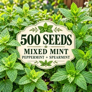 Könnte beinhalten: Ein cremefarbenes, rechteckiges Etikett mit dekorativen Rändern und dem Text 500 SEEDS MIXED MINT PEPPERMINT + SPEARMINT in dunkelgrüner Schrift, umgeben von leuchtend grünen Minzepflanzen mit gezackten Blättern und sichtbaren Stängeln.