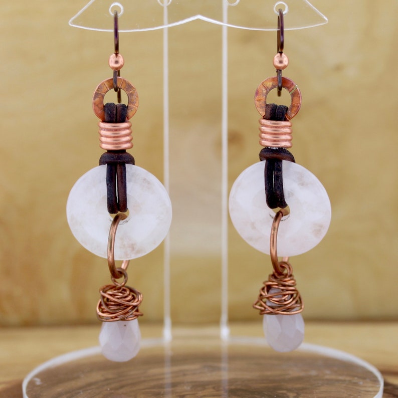 Handmade Earrings Patricia Healey Copper Rose Quartz Earrings Donut with Leather Lace Niobium Earwires Tear Drop