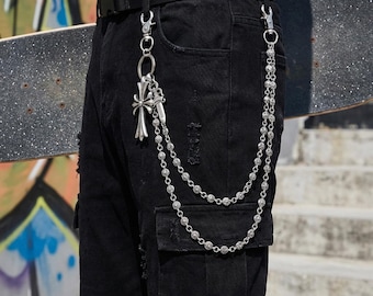 Catena per pantaloni con elemento coccodrillo, catena per pantaloni con ciondolo a croce, catene per jeans, catene per portafogli, catena per pantaloni, catena per pantaloni in argento, regali per San Valentino