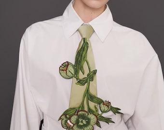 Embroidered Botanical Tie,Embroidery Tie Necktie,Unisex Necktie,Necktie for Women,Artistic Tie,Gift for Her,handmade special Necktie