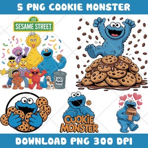 May include: A digital graphic featuring the Cookie Monster and other Sesame Street characters. The image includes the text "5 PNG COOKIE MONSTER" and "DOWNLOAD PNG 300 DPI". The Cookie Monster is shown with cookies and the Sesame Street sign.