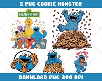Cookie Monster PNG Bundle 5 Designs – Sesame Street Elmo Big Bird, Me Love Cookies, Funny Monster Holiday Clipart Digital Download 300 DPI