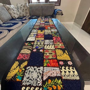 Embroidered Patchwork Table Runner, Indian Cotton Dining Linen, Boho Decor