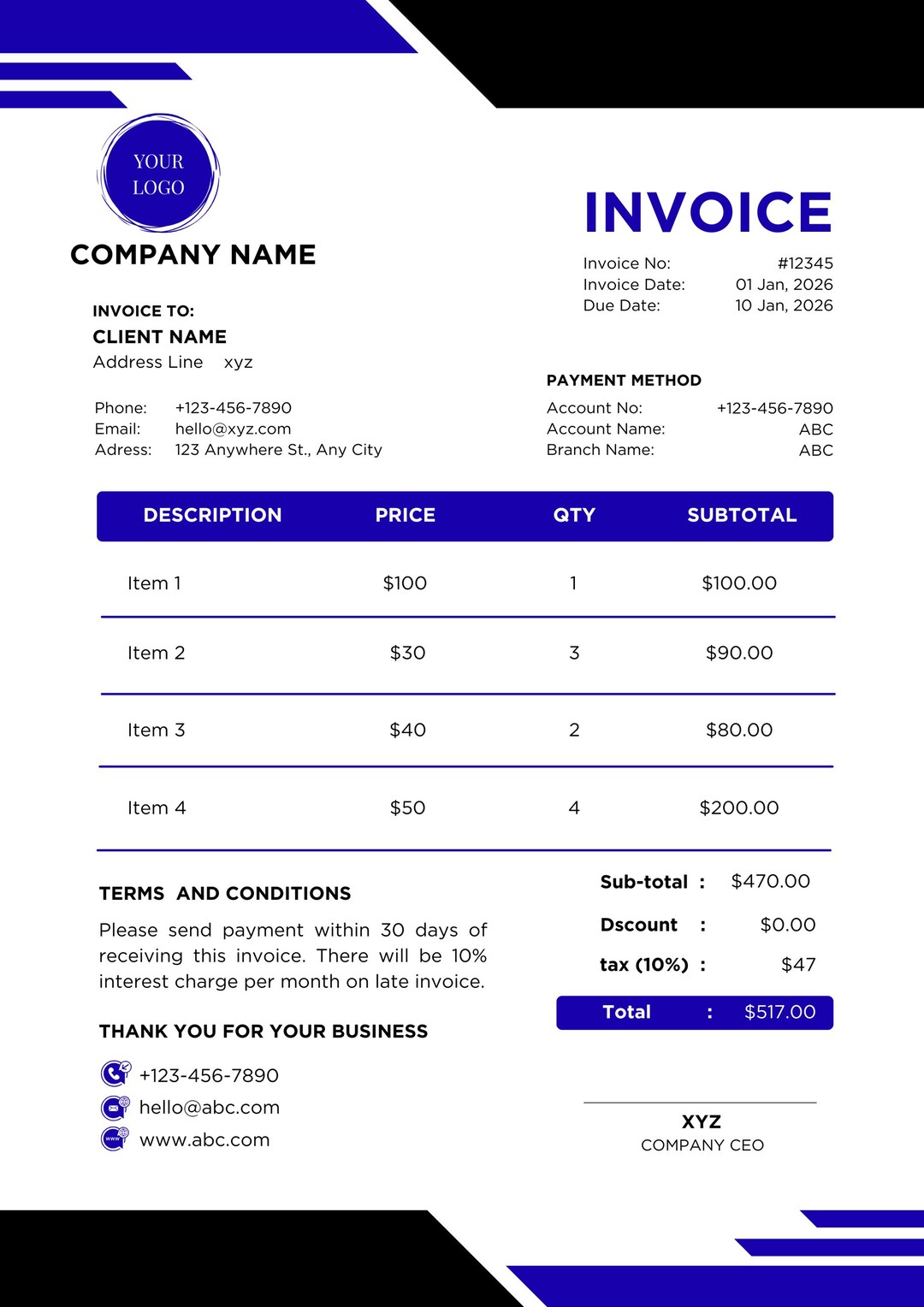 Editable Invoice Template | Small Business, Freelancer (PDF, Word ...