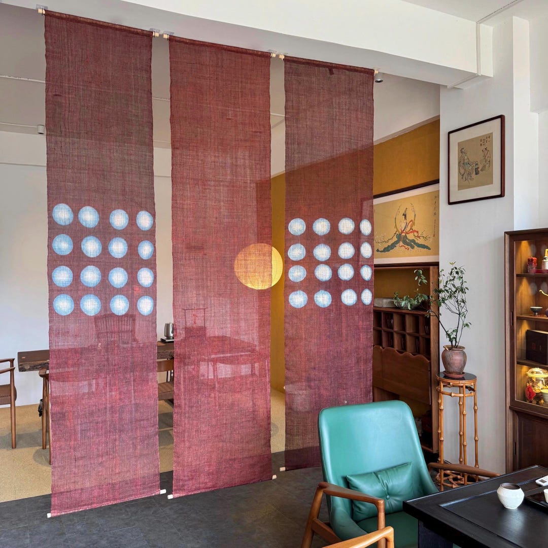 Handmade Ramie Noren Curtain, Red Indigo Circles, Wabi Sabi Decor ...