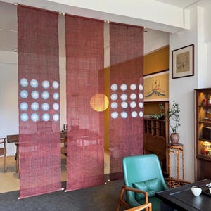 Handmade Ramie Noren Curtain, Red Indigo Circles, Wabi Sabi Decor, Japanese Room Divider