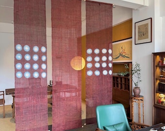 Handmade Ramie Noren Curtain, Red Indigo Circles, Wabi Sabi Decor, Japanese Room Divider