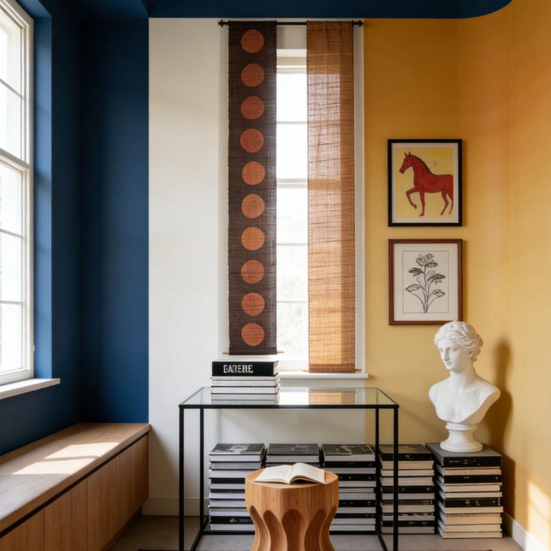 May include: Interior scene with a window framed by brown woven blinds. A black metal and glass table holds books, and a wooden stool is in front. Artwork and a bust adorn the yellow wall.