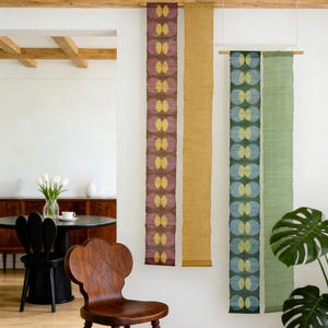 Hand Dyed Ramie Noren Curtain, Botanical Dye Shibori Geometric Pattern, Wabi Sabi Room Divider