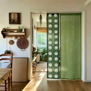 Custom Hand-Dyed Linen Noren Curtain, Green Polka Dot Room Divider, Boho Japanese Decor