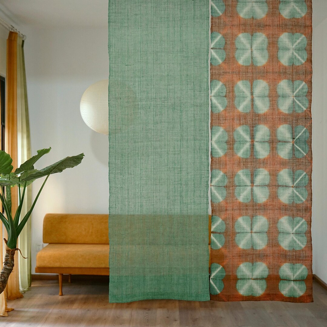 Japanese-style Art Noren Curtains, Handcrafted Green Clover