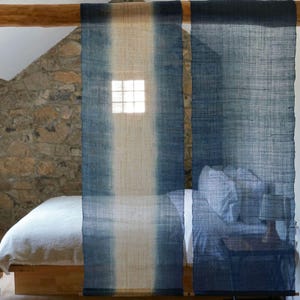 Indigo Hand Dyed Ramie Curtain Panel | Wabi Sabi Room Divider