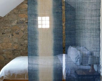 Indigo Hand Dyed Ramie Curtain Panel | Wabi Sabi Room Divider