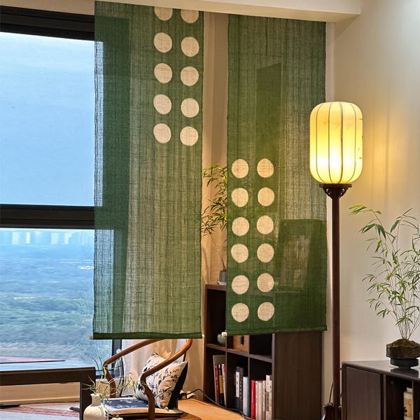 Cortina Noren de rami tingida à mão com plantas | Divisória de ambientes com bolinhas verdes