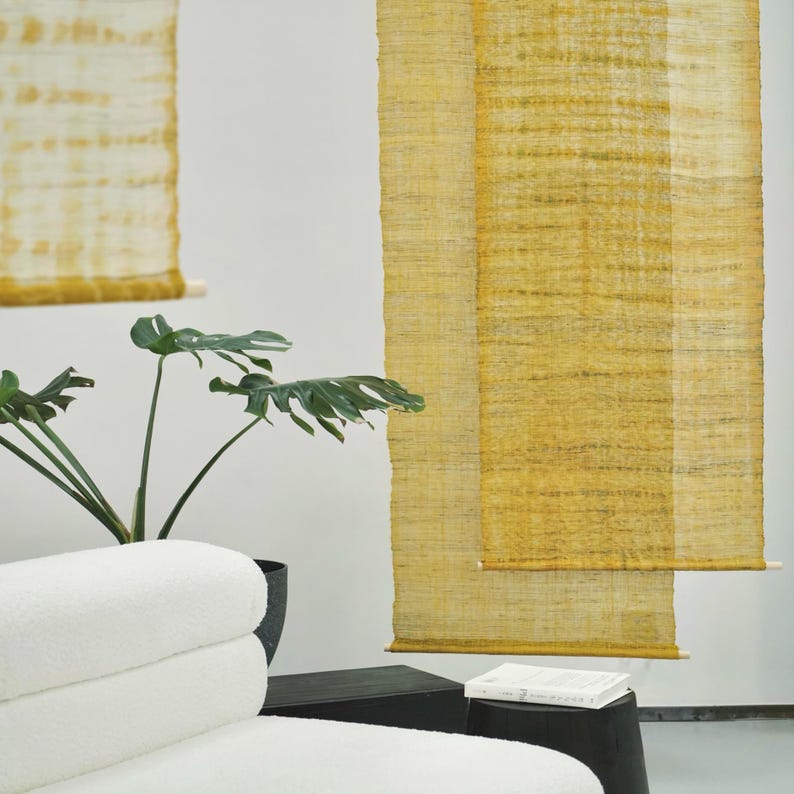 Handmade Ramie Noren Curtain | Golden Yellow Botanical Dye, Boho Decor (60cm Width) image 6