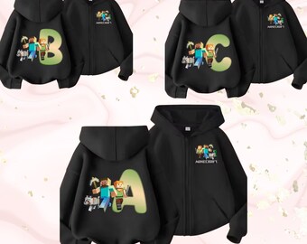 Giacca Minecraft personalizzata per bambini con nome dalla A alla Z | Felpa con cappuccio | Cardigan per ragazzi | Regalo per bambini appassionati di videogiochi | Taglie 98-164