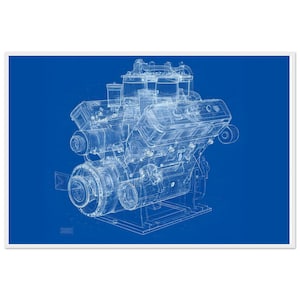 Pode incluir: Ilustração em estilo de planta de um motor, renderizada em linhas brancas sobre um fundo azul vibrante. O design detalhado mostra os componentes internos do motor, incluindo cilindros e pistões. A imagem é um desenho técnico.