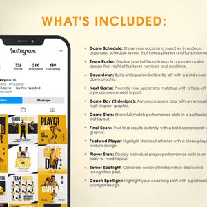 Peut inclure: Un smartphone affiche un profil Instagram pour Studio Hockey Co., pr&eacute;sentant des mod&egrave;les sportifs personnalis&eacute;s. L'&eacute;cran met en &eacute;vidence des graphiques sportifs, tels que des calendriers de matchs et des statistiques de joueurs, modifiables dans Canva.