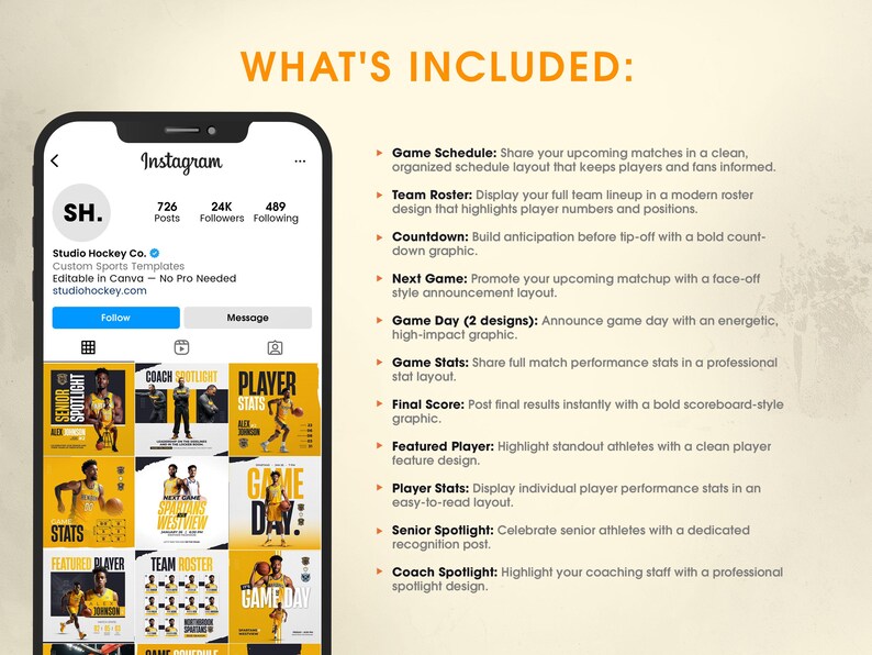 Peut inclure: Un smartphone affiche un profil Instagram pour Studio Hockey Co., pr&eacute;sentant des mod&egrave;les sportifs personnalis&eacute;s. L'&eacute;cran met en &eacute;vidence des graphiques sportifs, tels que des calendriers de matchs et des statistiques de joueurs, modifiables dans Canva.